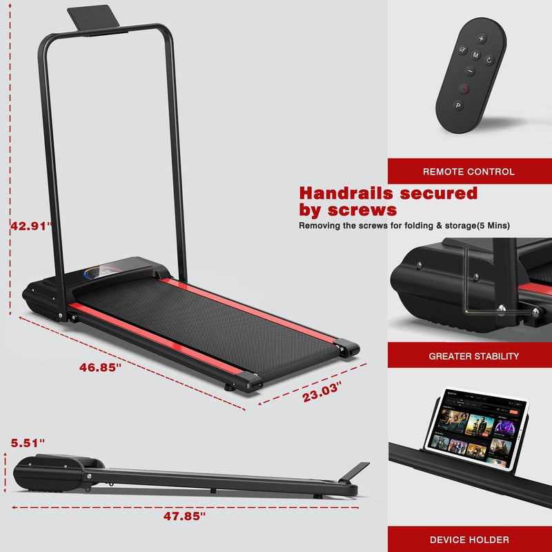 Portable Home Office Treadmill With Armrests, 265 Lbs Load Capacity, Powerful Silent Motor, 12 Programs, Remote Control