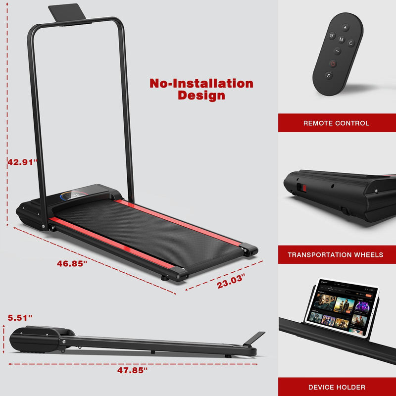 Portable Home Office Treadmill With Armrests, 265 Lbs Load Capacity, Powerful Silent Motor, 12 Programs, Remote Control